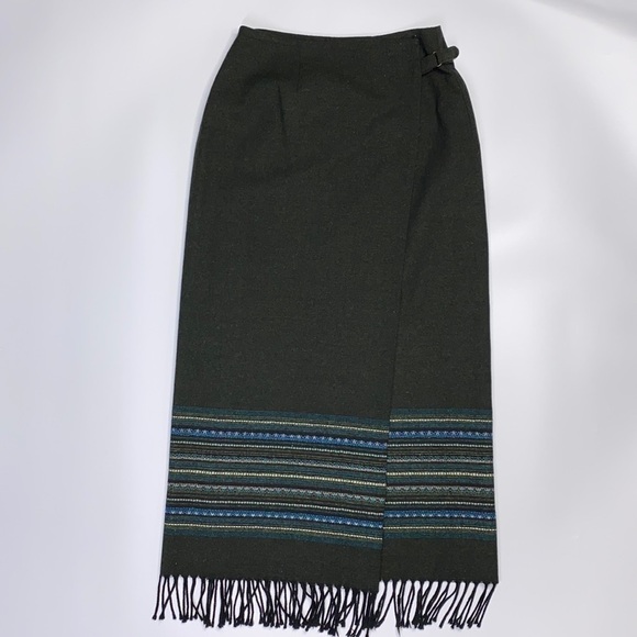 Vintage Worthington Long Green Wrap Tassel Striped Wool Blend Skirt Size 6 - Picture 1 of 6